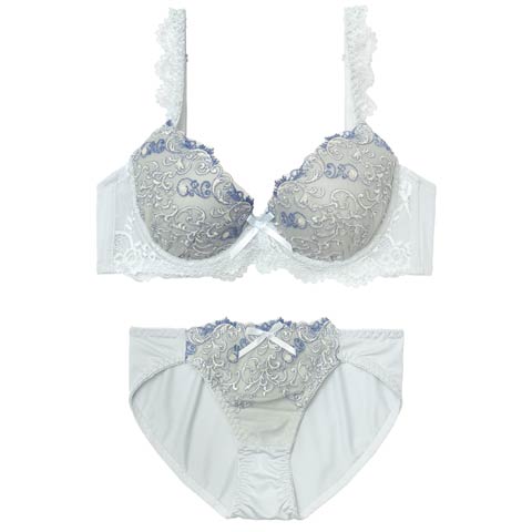 4/20新作!フェミニンアイビーエンブロイダリー育乳脇高ブラジャー&フルバックショーツ[推し][人気](ブルー-A70/ショーツM)