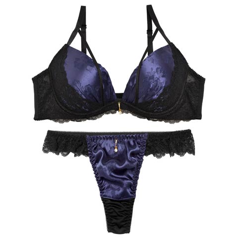 1/22再販!【Tバック】【三上悠亜着用】グロスフラワーストリングサイドレースブラジャー&Tバックショーツ[推し][人気](ネイビー-A70/ショーツM)