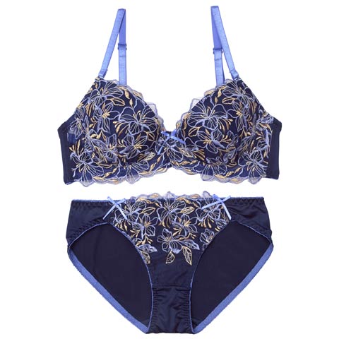 4/24新作!チュールエンブロイダリーフラワーブラジャー&フルバックショーツ[推し](ネイビー-A70/ショーツM)