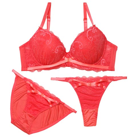 4/20新作!【3点セット】リボンクロスレーシィブラジャー&フルバック&Tバックショーツ[推し](オレンジ-A70/ショーツM)