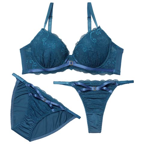 4/20新作!【3点セット】リボンクロスレーシィブラジャー&フルバック&Tバックショーツ[推し](ブルー-A70/ショーツM)