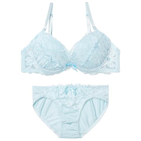 2/18新作!【EFサイズ】スウィートカシュクールレースブラジャー&フルバックショーツ[推し](サックス-E65/ショーツM)