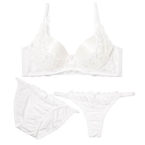 4/17新作!【3点セット】【三上悠亜着用】エレガントグロウレース育乳脇高ブラジャー&フルバック&Tバックショーツ[推し](ホワイト-A70/ショーツM)