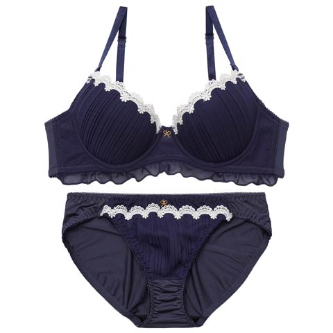 3/2新作!クラシカルプリーツフリルブラジャー&フルバックショーツ[推し][人気](ネイビー-A70/ショーツM)