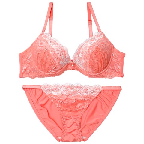 4/6新作!ブライトバイカラーレースブラジャー&フルバックショーツ[推し][人気](コーラルピンク-A70/ショーツM)