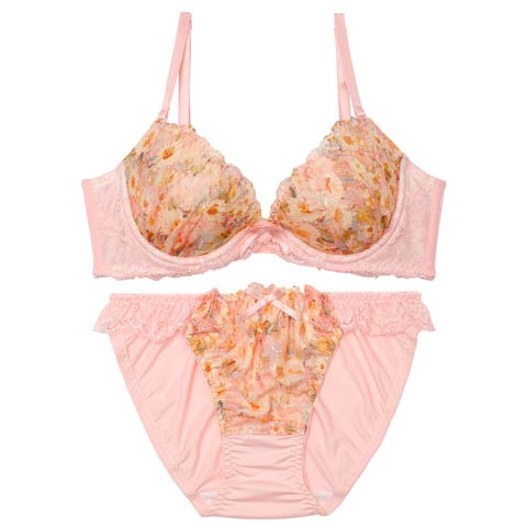 4/17新作!スウィートフラワーガーデン育乳脇高ブラジャー&フルバックショーツ[推し](サーモンピンク-A70/ショーツM)