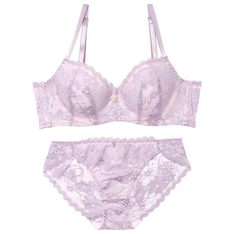4/15新作!【EFサイズ】ニュアンスフラワーレース育乳脇高ブラジャー&バック透けフルバックショーツ[推し](パープル-E65/ショーツM)