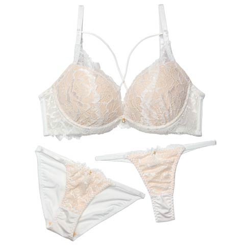 3/4新作!【GHIサイズ】【3点セット】【かとゆり着用】ミスティックヌーディーレース育乳脇高ブラジャー&フルバック&Tバックショーツ[推し](ホワイト-G65/ショーツM)