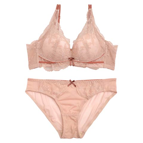 【ノンワイヤー】ヌーディーレースリボン育乳脇高ブラジャー&バック透けフルバックショーツ(ピンク-S)