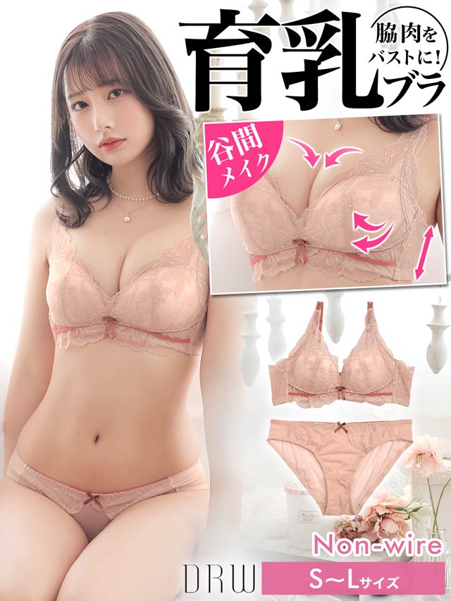 【ノンワイヤー】ヌーディーレースリボン育乳脇高ブラジャー&バック透けフルバックショーツ