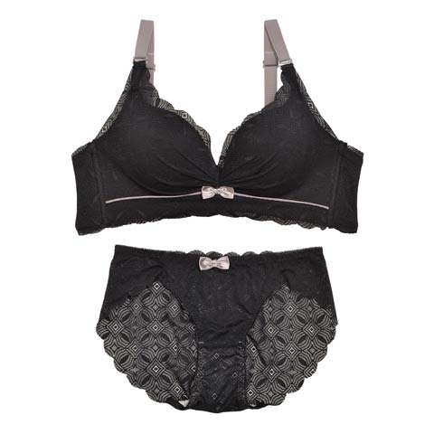 【ノンワイヤー】ガーリープチリボン育乳脇高ブラジャー＆フルバックショーツ(ブラック-S)
