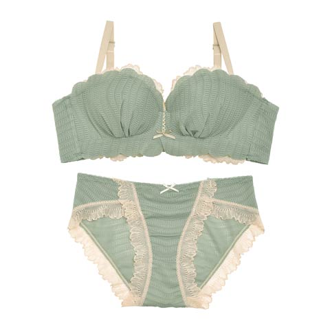 【ノンワイヤー】ダスティフェミニン育乳脇高ブラジャー＆フルバックショーツ(グリーン-S)