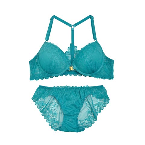 【EFサイズ】レーシーフラワーブラジャー＆フルバックショーツ(グリーン-E70/ショーツM)