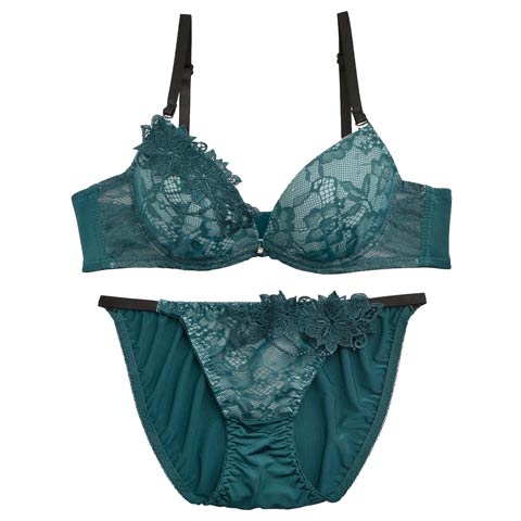 【EFサイズ】エレガンスフラワーレースブラジャー＆フルバックショーツ(グリーン-E70/ショーツM)