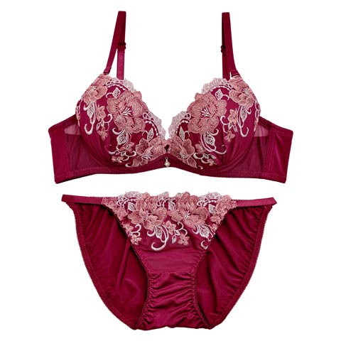 【EFサイズ】ディープビューティーフラワーブラジャー&フルバックショーツ(ワインレッド-E70/ショーツM)