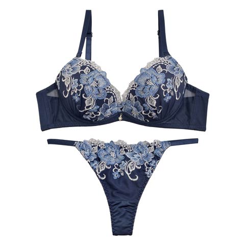 ディープビューティーフラワーブラジャー&Tバックショーツ(ネイビー-A70/ショーツM)