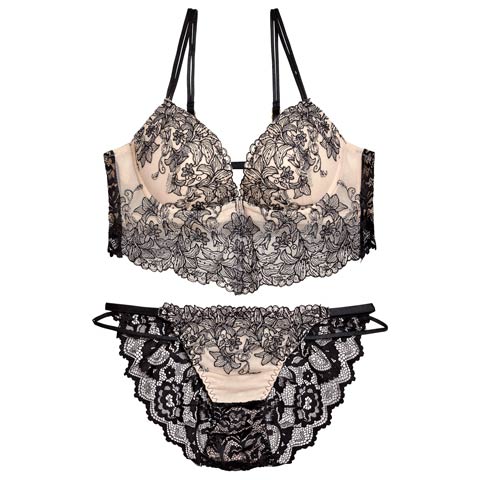 12/6再販!【EFサイズ】リュクスリリービスチェブラジャー&バック透けフルバックショーツ[推し](ブラック-E70/ショーツM)