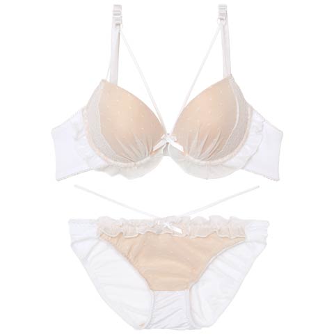 フェミニンドットフリルブラジャー&フルバックショーツ[推し][人気](ホワイト-B65/ショーツM)