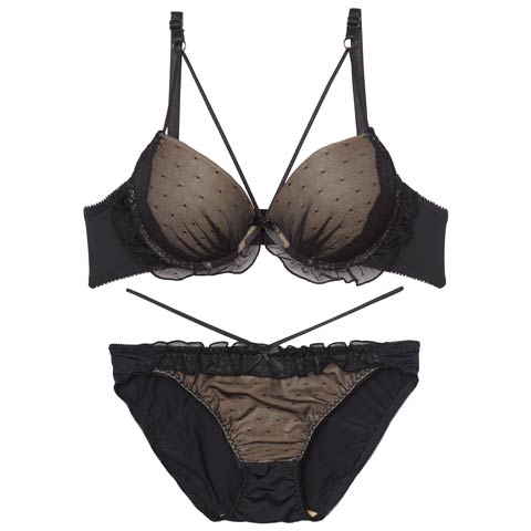 フェミニンドットフリルブラジャー&フルバックショーツ[推し][人気](ブラック-B65/ショーツM)