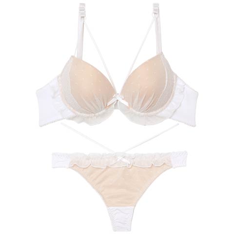 【Tバック】フェミニンドットフリルブラジャー&Tバックショーツ[推し][人気](ホワイト-B65/ショーツM)