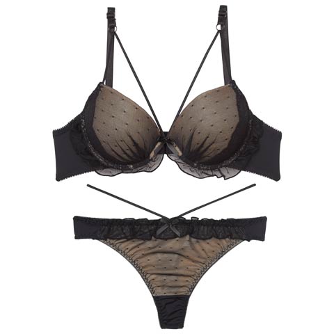 【Tバック】フェミニンドットフリルブラジャー&Tバックショーツ[推し][人気](ブラック-B65/ショーツM)