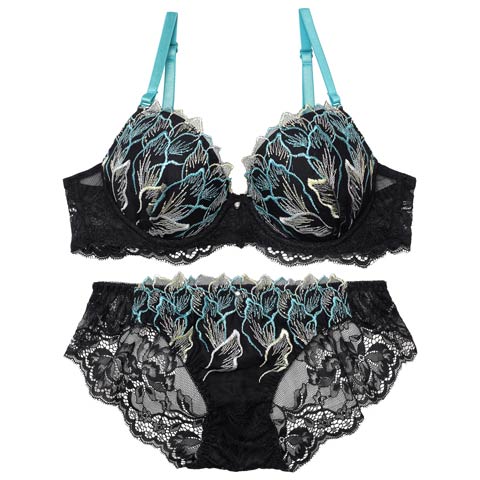 6/21再販!【EFサイズ】フローラルシックエンブロイダリーブラジャー&バック透けフルバックショーツ[推し](ブラック-E70/ショーツM)