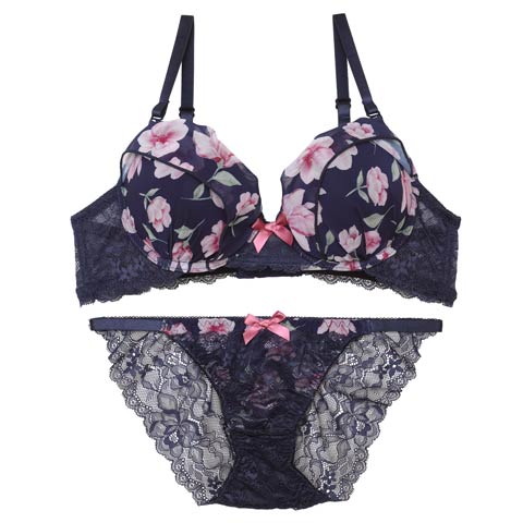 6/21再販!【EFサイズ】フレグランス水彩フラワーブラジャー&バック透けフルバックショーツ[推し](ネイビー-E70/ショーツM)