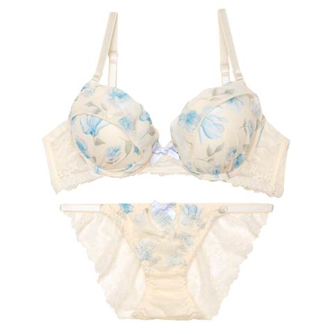 6/21再販!【EFサイズ】フレグランス水彩フラワーブラジャー&バック透けフルバックショーツ[推し](クリーム-E70/ショーツM)