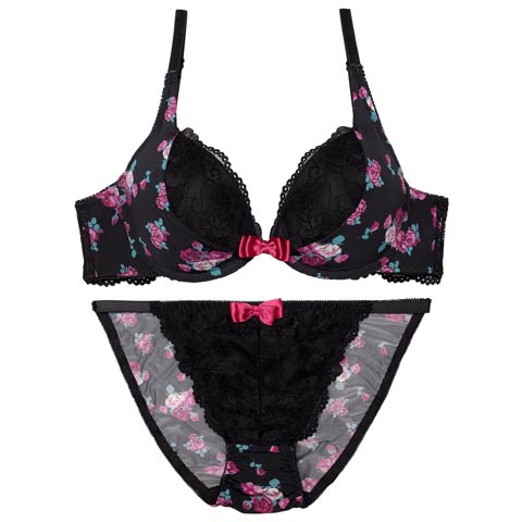 7/2再販!【EFサイズ】スウィートロゼットガーデンブラジャー&フルバックショーツ[推し](ブラック-E70/ショーツM)