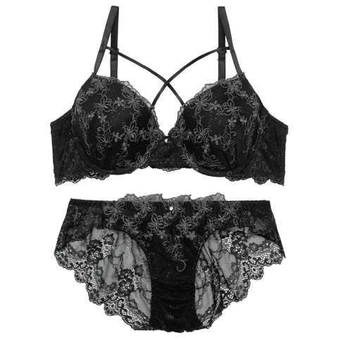 【EFサイズ】メルティパピヨンコードブラジャー&バック透けフルバックショーツ[推し](ブラック-E70/ショーツM)