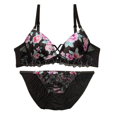 【EFサイズ】トワイライトブルームローズブラジャー&フルバックショーツ[推し](ブラック-E70/ショーツM)