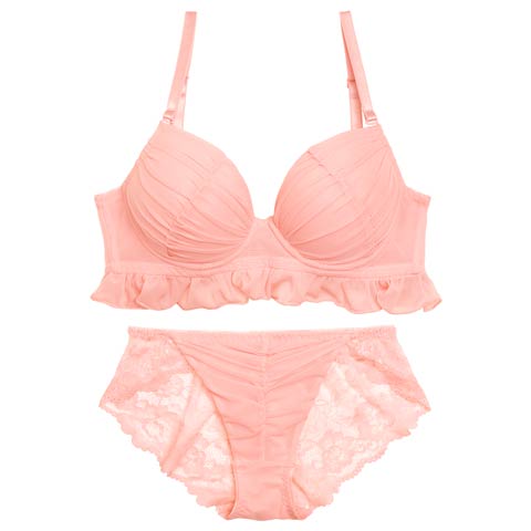 フェアリーフリルギャザーブラジャー&バック透けフルバックショーツ[推し][人気](ピンク-B65/ショーツM)