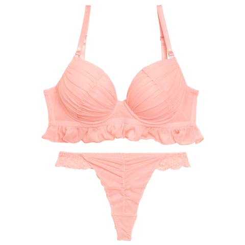 【Tバック】フェアリーフリルギャザーブラジャー&バック透けTバックショーツ[推し][人気](ピンク-B65/ショーツM)