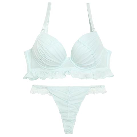 【Tバック】フェアリーフリルギャザーブラジャー&バック透けTバックショーツ[推し][人気](サックス-B65/ショーツM)