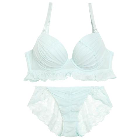 【EFサイズ】フェアリーフリルギャザーブラジャー&バック透けフルバックショーツ[推し](サックス-E70/ショーツM)