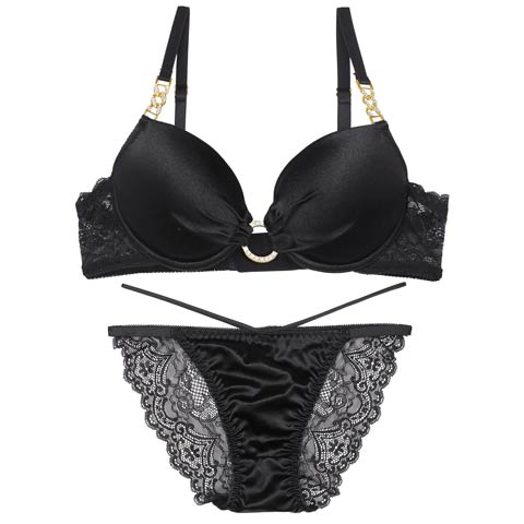 グロッシービジューリングブラジャー&バック透けフルバックショーツ[推し][人気](ブラック-B65/ショーツM)