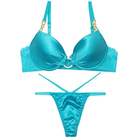 【Tバック】グロッシービジューリングブラジャー&Tバックショーツ[推し][人気](ターコイズブルー-B65/ショーツM)