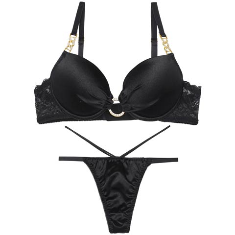 【Tバック】グロッシービジューリングブラジャー&Tバックショーツ[推し][人気](ブラック-B65/ショーツM)