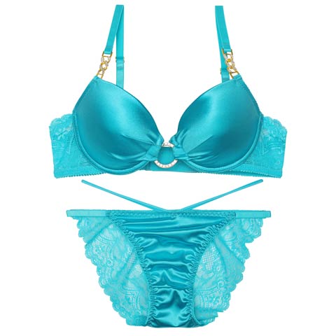 8/14再販!【EFサイズ】グロッシービジューリングブラジャー&バック透けフルバックショーツ[推し](ターコイズブルー-E70/ショーツM)