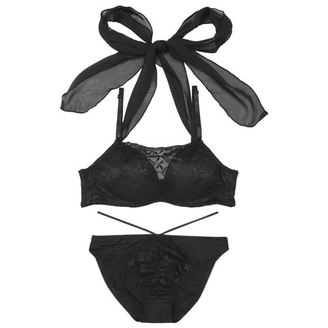 【EFサイズ】[2way]チュールリボンホルターネックストラップ付ブラジャー&フルバックショーツ[推し](ブラック-E70/ショーツM)