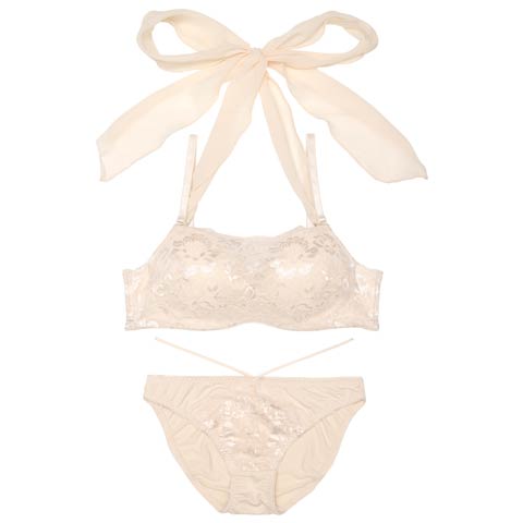 【EFサイズ】[2way]チュールリボンホルターネックストラップ付ブラジャー&フルバックショーツ[推し](アイボリー-E70/ショーツM)