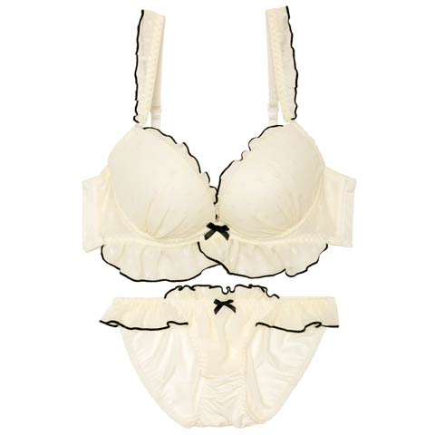 10/7再販!【かとゆり着用】ガーリーパイピングフリルブラジャー&フルバックショーツ[推し](クリーム-A70/ショーツM)