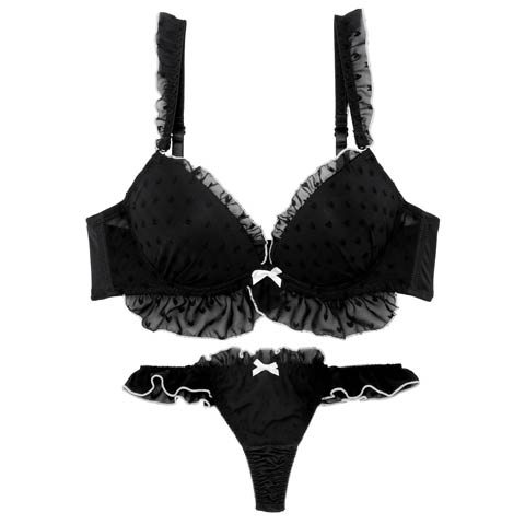 8/18新作!【Tバック】【かとゆり着用】ガーリーパイピングフリルブラジャー&Tバックショーツ[推し](ブラック-A70/ショーツM)