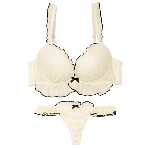 8/18新作!【Tバック】【かとゆり着用】ガーリーパイピングフリルブラジャー&Tバックショーツ[推し](クリーム-A70/ショーツM)