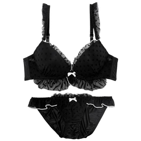 10/7再販!【EFサイズ】【かとゆり着用】ガーリーパイピングフリルブラジャー&フルバックショーツ[推し](ブラック-E70/ショーツM)