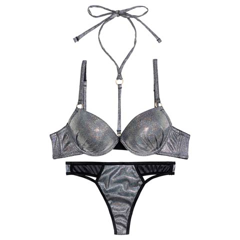 【Tバック】[2way]オーロララメスパークルブラジャー&Tバックショーツ[推し][人気](シルバー-B65/ショーツM)