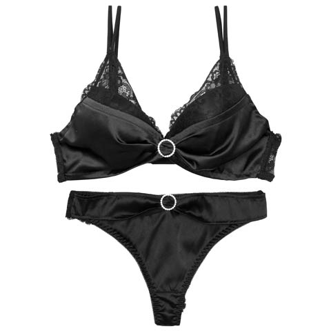 7/7新作!【Tバック】リボンリングビジューレースブラジャー&バック透けTバックショーツ[推し][人気](ブラック-B65/ショーツM)