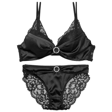 7/7新作!【EFサイズ】リボンリングビジューレースブラジャー&バック透けフルバックショーツ[推し](ブラック-E70/ショーツM)