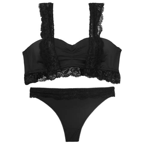 7/9新作!【Tバック】フリルレーシィギャザーギャザーブラジャー&Tバックショーツ[推し][人気](ブラック-B65/ショーツM)