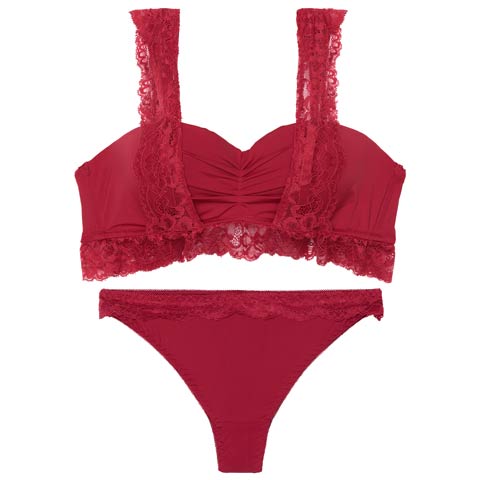 7/9新作!【Tバック】フリルレーシィギャザーギャザーブラジャー&Tバックショーツ[推し][人気](レッド-B65/ショーツM)